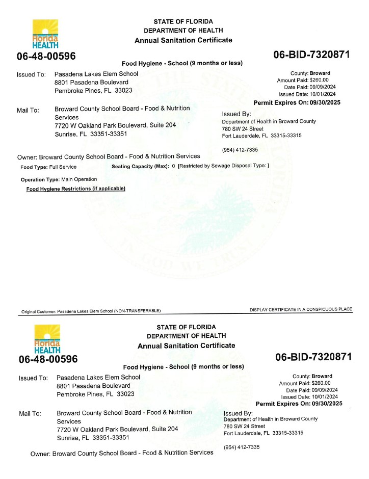 Pasadena Lakes ES Annual Sanitation Certificate
